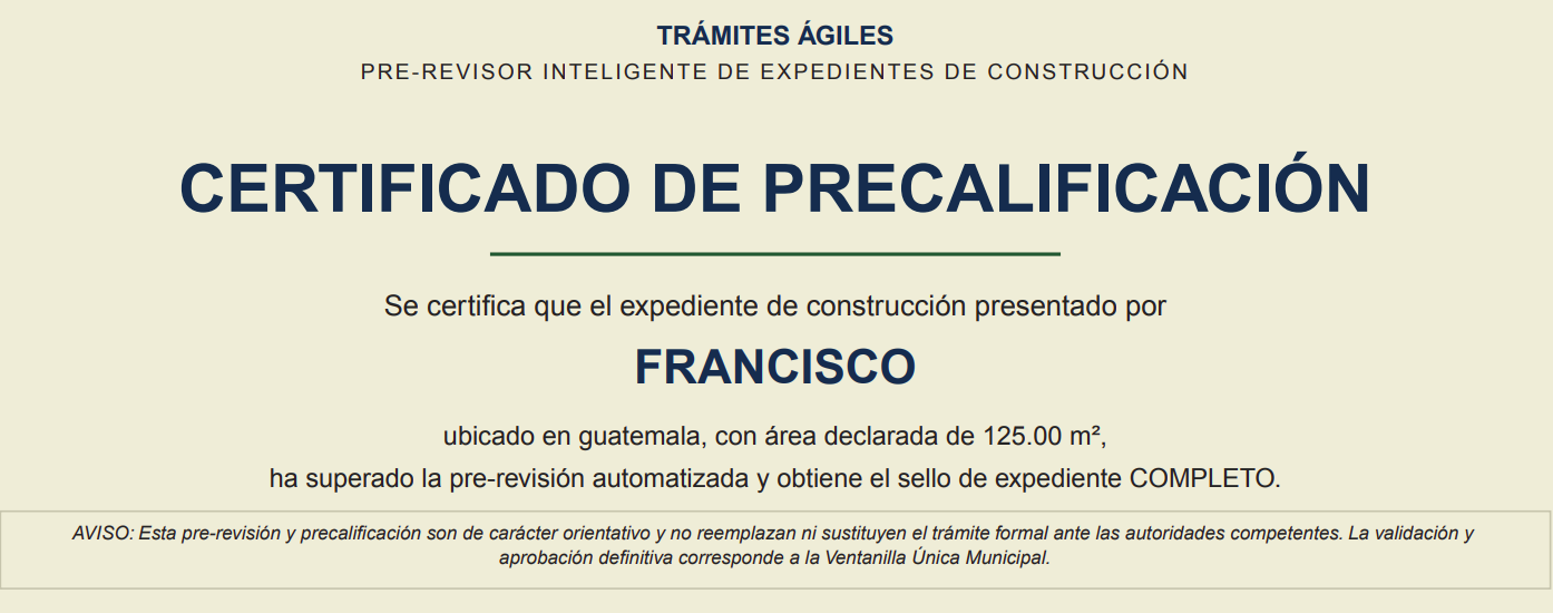 Certificado de pre-revisión en PDF con código QR verificable